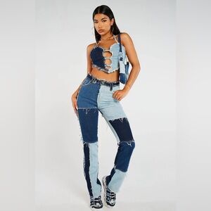 JADED LONDON Womens BLUE PATCHWORK DENIM BOYFRIEND JEANS, size 25
